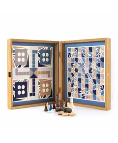CBLS34BLU Manopoulos Chess/Backgammon/Ludo/Snakes - Navy Blue - Walnut Replica Wooden Case, фото 