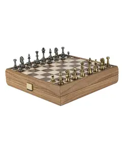 SKW32Z30K Manopoulos Wooden Chess set with Metal Staunton Chessmen & Walnut/Oak Chessboard 27cm Inlaid on wooden box, фото 
