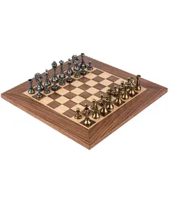 SW34Z30K Manopoulos Chess set Wooden Walnut/Oak Chessboard 33cm - Metal Staunton Chessmen in Brass & Pewter, зображення 