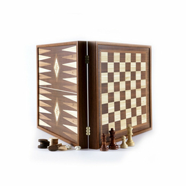 STP28E Manopoulos Backgammon & Chess Olive branch design in Walnut replica wood case 27x27cm, image 