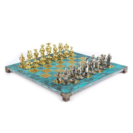 S12TIR Manopoulos Medieval Knights Metal Chess set with Gold & Silver Chessmen & 44cm Chessboard in Antique, image 