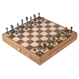 SKW34Z40K Manopoulos Wooden Chess set with Metal Staunton Chessmen & Walnut/Oak Chessboard 35cm Inlaid on wooden box, image 
