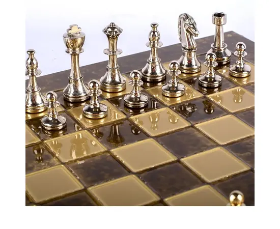 S34BRO Manopoulos Classic Metal Staunton Chess set with Gold & Silver Chessmen & 36cm Chessboard in Brown, зображення 6