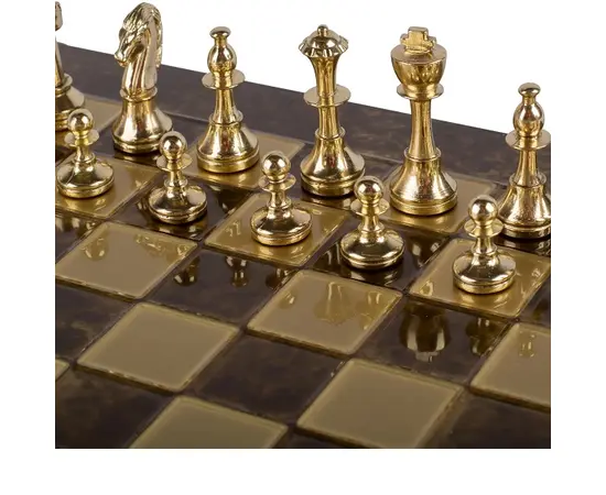 S34BRO Manopoulos Classic Metal Staunton Chess set with Gold & Silver Chessmen & 36cm Chessboard in Brown, зображення 7