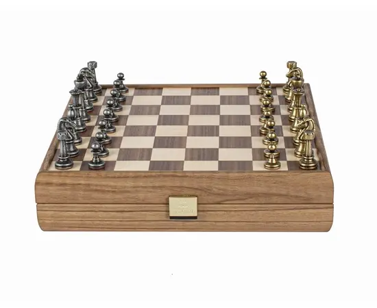 SKW32Z30K Manopoulos Wooden Chess set with Metal Staunton Chessmen & Walnut/Oak Chessboard 27cm Inlaid on wooden box, фото 3