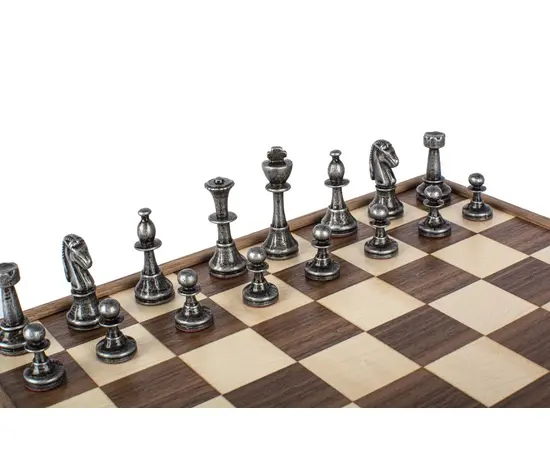SKW32Z30K Manopoulos Wooden Chess set with Metal Staunton Chessmen & Walnut/Oak Chessboard 27cm Inlaid on wooden box, зображення 4