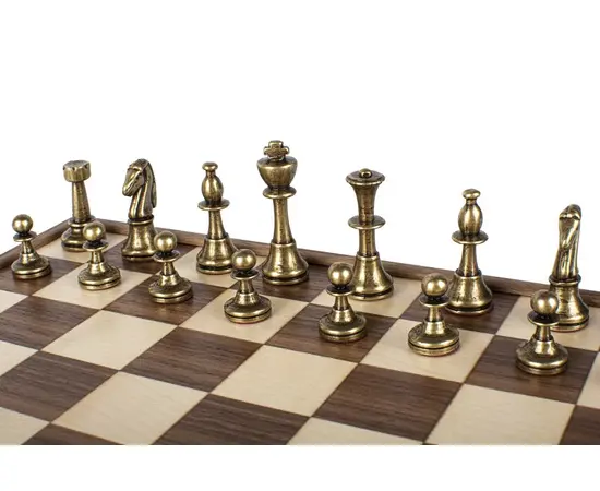 SKW32Z30K Manopoulos Wooden Chess set with Metal Staunton Chessmen & Walnut/Oak Chessboard 27cm Inlaid on wooden box, зображення 5