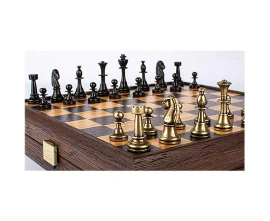 SKW34E40H Manopoulos Wooden Chess set - Metal Staunton Chessmen & Olive Burl/Wenge Chessboard 35cm Inlaid on wooden box, фото 4