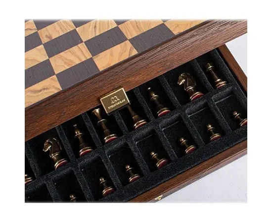 SKW34E40H Manopoulos Wooden Chess set - Metal Staunton Chessmen & Olive Burl/Wenge Chessboard 35cm Inlaid on wooden box, фото 5