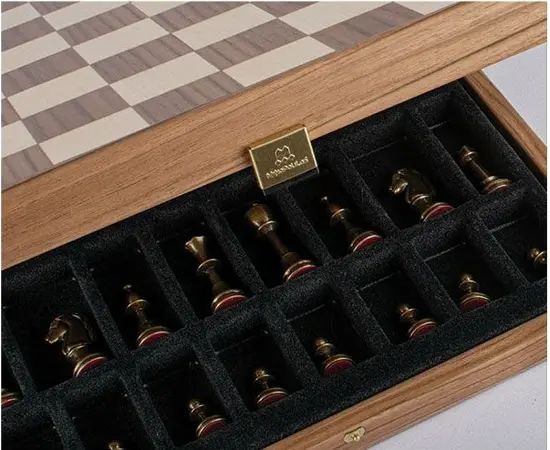 SKW34Z40K Manopoulos Wooden Chess set with Metal Staunton Chessmen & Walnut/Oak Chessboard 35cm Inlaid on wooden box, фото 3