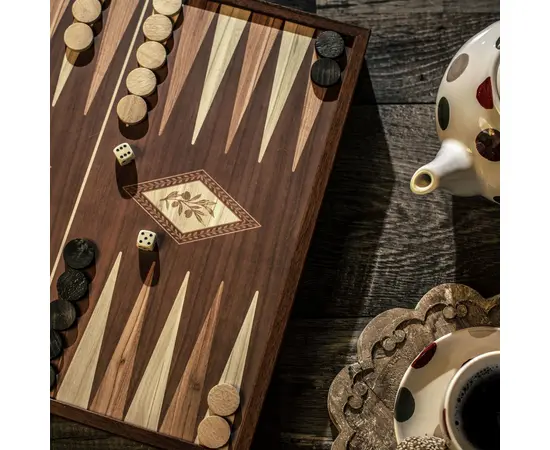 STP28E Manopoulos Backgammon & Chess Olive branch design in Walnut replica wood case 27x27cm, зображення 7