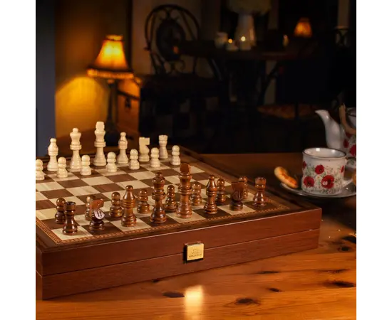 STP28E Manopoulos Backgammon & Chess Olive branch design in Walnut replica wood case 27x27cm, зображення 8