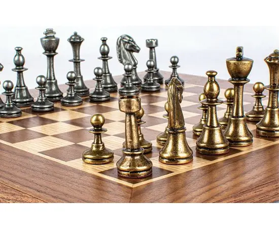 SW34Z30K Manopoulos Chess set Wooden Walnut/Oak Chessboard 33cm - Metal Staunton Chessmen in Brass & Pewter, зображення 3