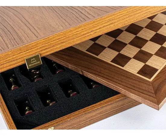 SW34Z30K Manopoulos Chess set Wooden Walnut/Oak Chessboard 33cm - Metal Staunton Chessmen in Brass & Pewter, зображення 5