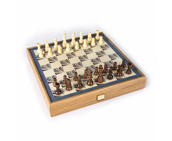 CBLS34BLU Manopoulos Chess/Backgammon/Ludo/Snakes - Navy Blue - Walnut Replica Wooden Case, фото 3