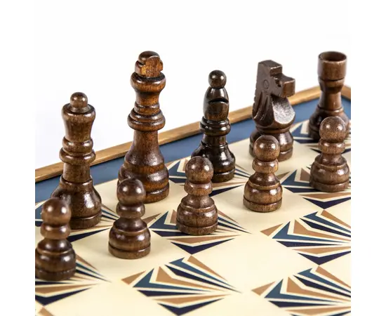 CBLS34BLU Manopoulos Chess/Backgammon/Ludo/Snakes - Navy Blue - Walnut Replica Wooden Case, фото 5