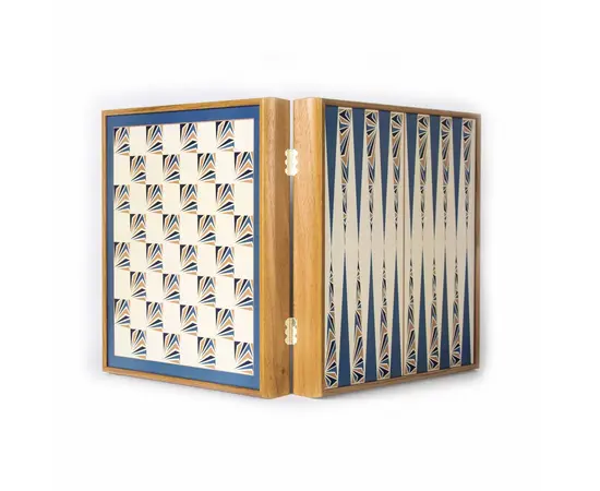 CBLS34BLU Manopoulos Chess/Backgammon/Ludo/Snakes - Navy Blue - Walnut Replica Wooden Case, фото 2