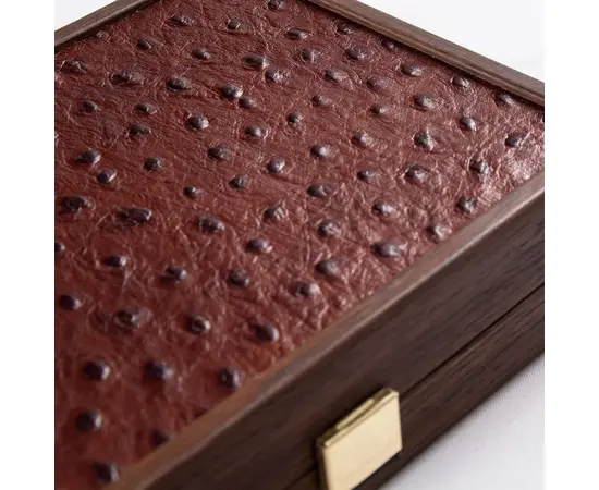 CLE20OST Manopoulos Plastic coated playing cards in Brown Leather Ostrich tote wooden case 24x17cm, фото 4