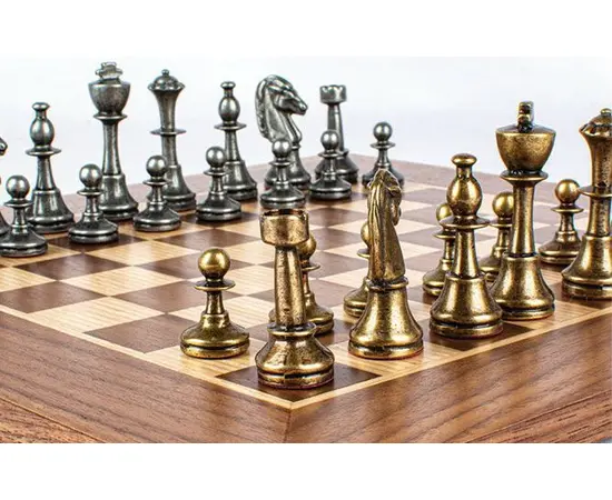 SW34Z30K Manopoulos Chess set Wooden Walnut/Oak Chessboard 33cm - Metal Staunton Chessmen in Brass & Pewter, фото 2