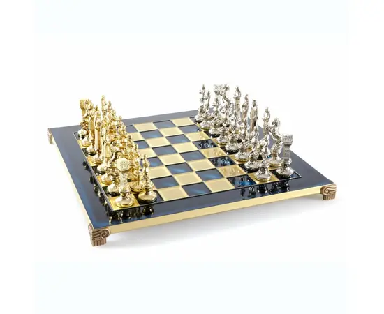 S9BLU Manopoulos Renaissance chess set with gold-silver chessmen/Blue chessboard 36cm, фото 