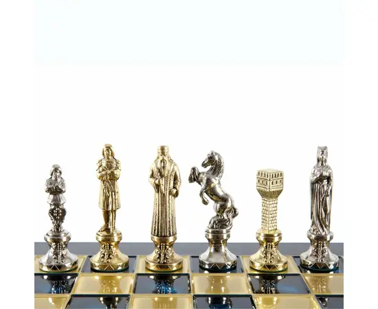 S9BLU Manopoulos Renaissance chess set with gold-silver chessmen/Blue chessboard 36cm, фото 7