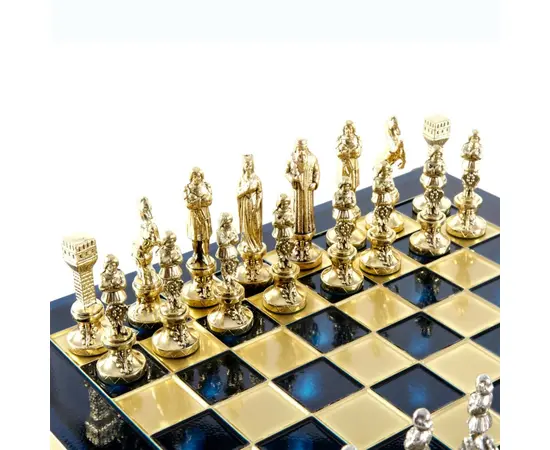 S9BLU Manopoulos Renaissance chess set with gold-silver chessmen/Blue chessboard 36cm, фото 5