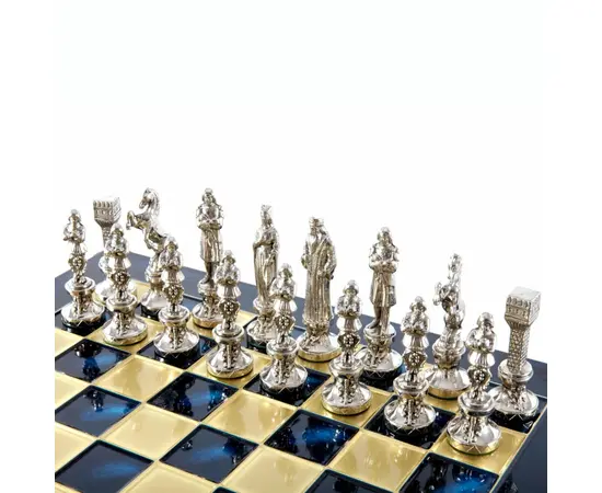 S9BLU Manopoulos Renaissance chess set with gold-silver chessmen/Blue chessboard 36cm, фото 4