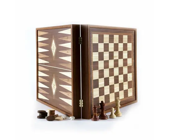 STP36E Manopoulos Backgammon & Chess Olive branch design in Walnut replica wood case 41x41cm, зображення 