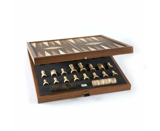 STP36E Manopoulos Backgammon & Chess Olive branch design in Walnut replica wood case 41x41cm, зображення 7