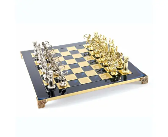 S10BLU Manopoulos Archers chess set with gold-silver chessmen/Blue chessboard 44cm, фото 