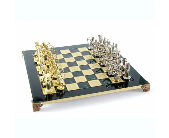 S10GRE Manopoulos Archers chess set with gold-silver chessmen/Green chessboard 44cm, фото 