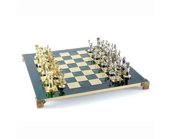 S3GRE Manopoulos Greek Roman Period chess set with gold-silver chessmen / Green chessboard 28cm, фото 