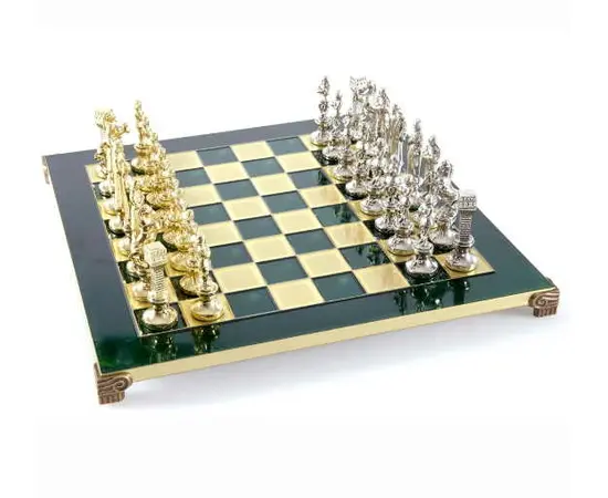 S9GRE Manopoulos Renaissance chess set with gold-silver chessmen/Green chessboard 36cm, зображення 