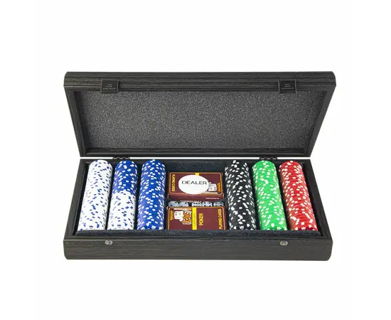 PXL10.300 Manopoulos Poker set (300pcs of 11,50gr & 2*playing cards) in Black wooden replica case, фото 