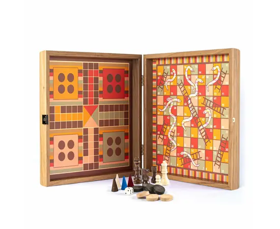 CBLS34ORG Manopoulos Chess/Backgammon/Ludo/Snakes - Rainbow - Walnut Replica Wooden Case, зображення 