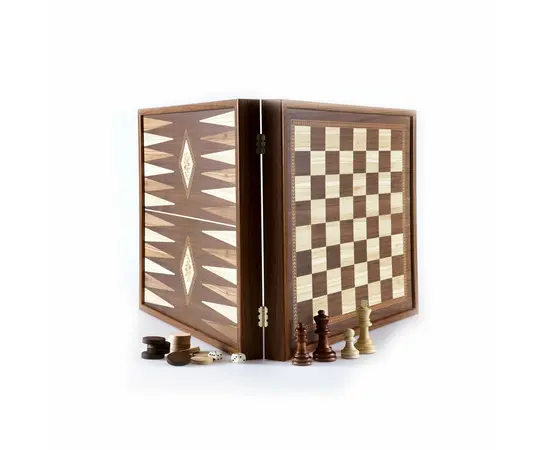STP28E Manopoulos Backgammon & Chess Olive branch design in Walnut replica wood case 27x27cm, зображення 