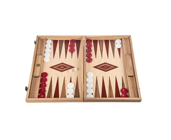 BKD1RED Manopoulos Handmade Oak & American Walnut Inlaid Backgammon with Red & Walnut points with Side racks, фото 
