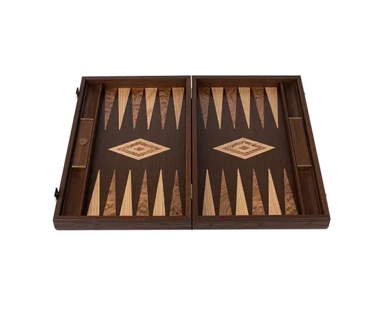 BVV1JD Manopoulos American Wenge Inlaid Backgammon with Walnut Burl & Oak points with Side racks 48x30cm, зображення 