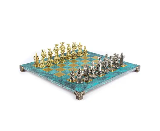 S12TIR Manopoulos Medieval Knights Metal Chess set with Gold & Silver Chessmen & 44cm Chessboard in Antique, зображення 