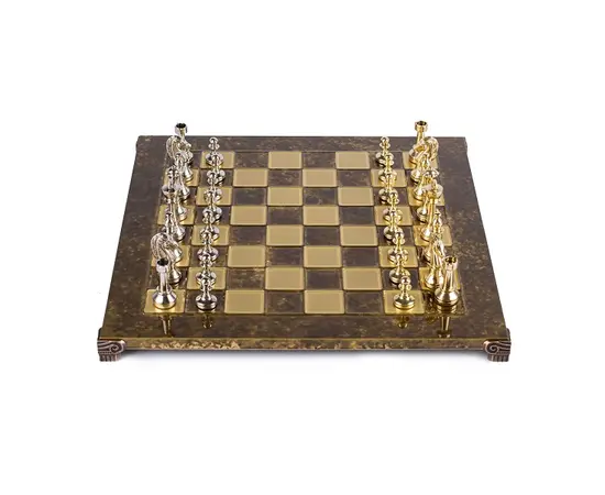 S34BRO Manopoulos Classic Metal Staunton Chess set with Gold & Silver Chessmen & 36cm Chessboard in Brown, зображення 