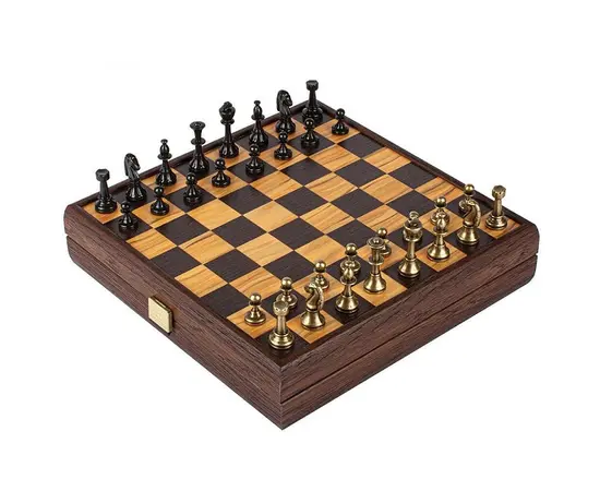 SKW34E40H Manopoulos Wooden Chess set - Metal Staunton Chessmen & Olive Burl/Wenge Chessboard 35cm Inlaid on wooden box, фото 