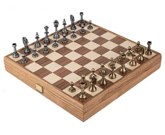 SKW34Z40K Manopoulos Wooden Chess set with Metal Staunton Chessmen & Walnut/Oak Chessboard 35cm Inlaid on wooden box, фото 