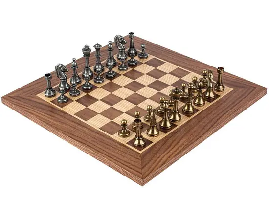 SW34Z30K Manopoulos Chess set Wooden Walnut/Oak Chessboard 33cm - Metal Staunton Chessmen in Brass & Pewter, фото 