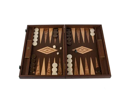 BVV1JD Manopoulos American Wenge Inlaid Backgammon with Walnut Burl & Oak points with Side racks 48x30cm, зображення 6