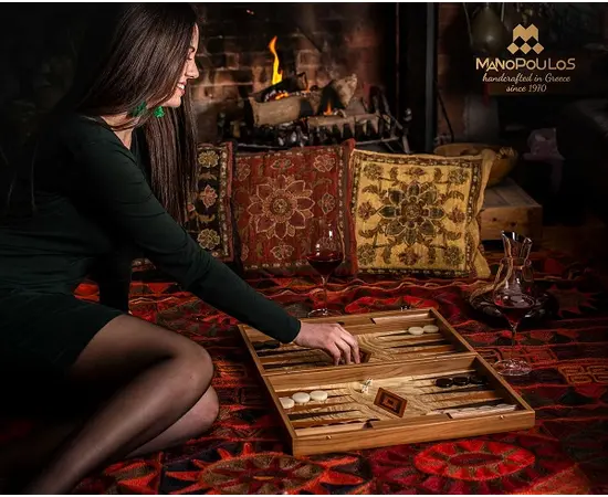 BEE2 Manopoulos Handmade Olive Burl Inlaid Backgammon with Wenge & Mahogany points with Side racks 38x23cm, зображення 2