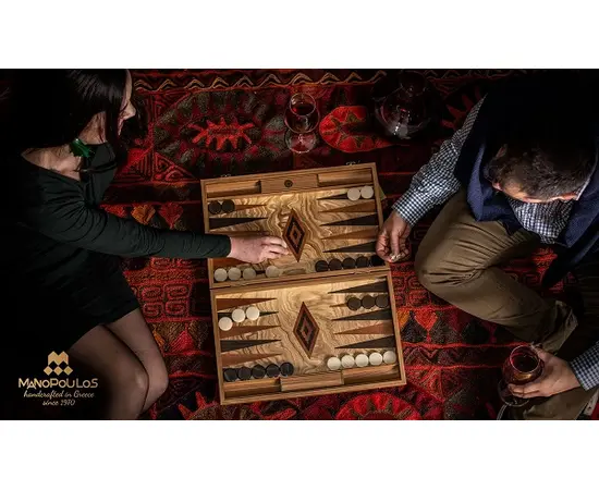BEE2 Manopoulos Handmade Olive Burl Inlaid Backgammon with Wenge & Mahogany points with Side racks 38x23cm, зображення 3