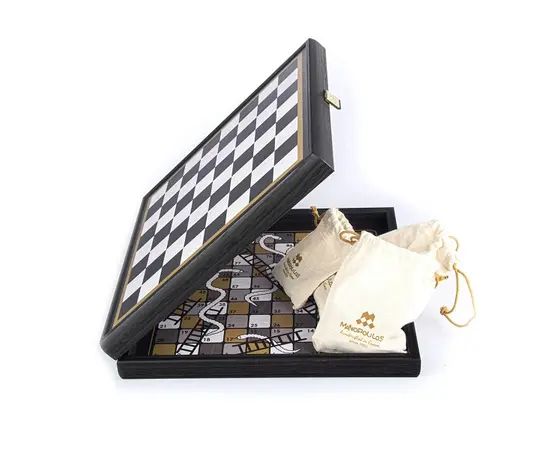 CBLS34BLA Manopoulos Chess/Backgammon/Ludo/Snakes - Black & Ivory - Walnut replica wooden case, зображення 2