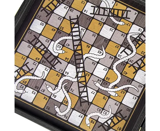 CBLS34BLA Manopoulos Chess/Backgammon/Ludo/Snakes - Black & Ivory - Walnut replica wooden case, зображення 5