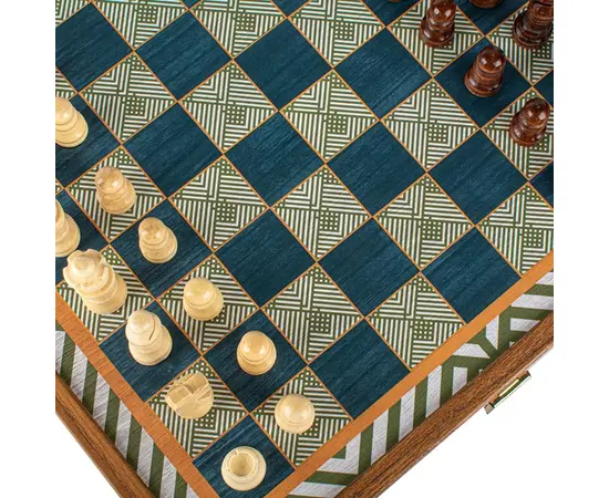 CBLS34GRE Manopoulos Chess/Backgammon/Ludo/Snakes  - Retro Design- Walnut replica wooden case, фото 8