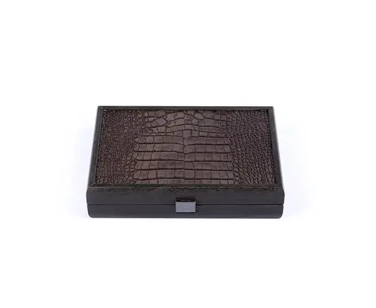 CLE10CBL Manopoulos Plastic coated playing cards in Dark Grey Leather Croc tote wooden case 24x17cm, зображення 2